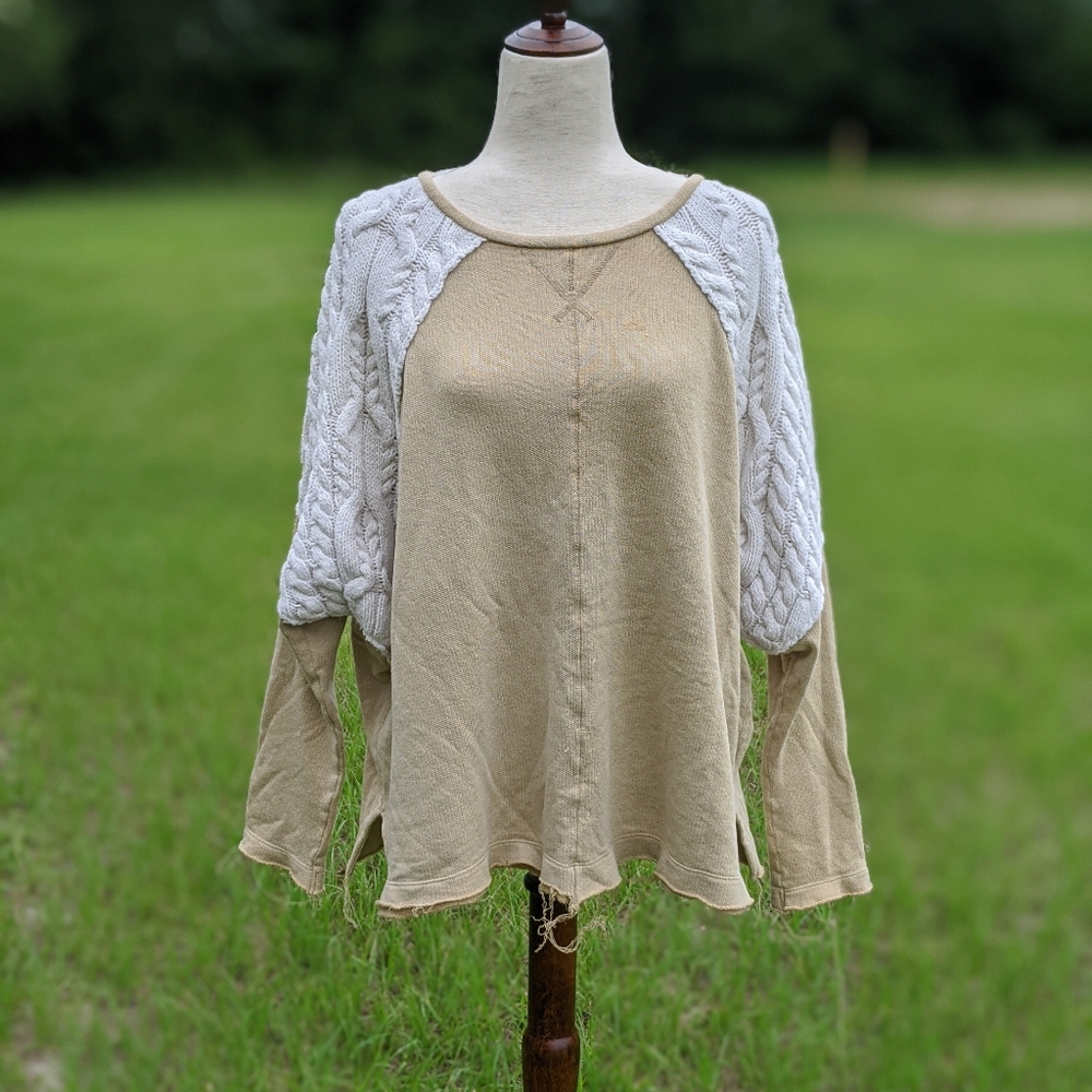 Free People Two-Tone Cable Sleeve Sweatshirt in Beige and Cream